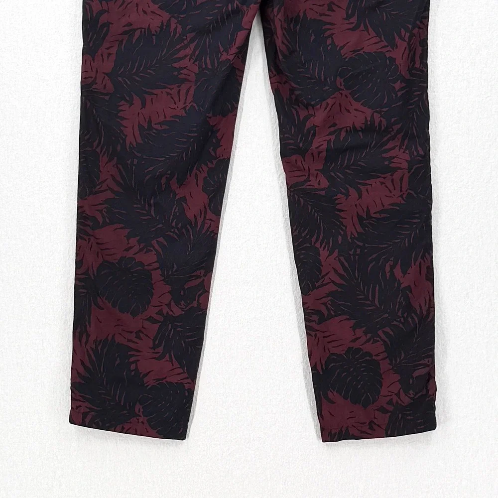 VINCE Tropical Leaf Print Chino Pants Men 33 Burgundy Black Cotton Casual Travel